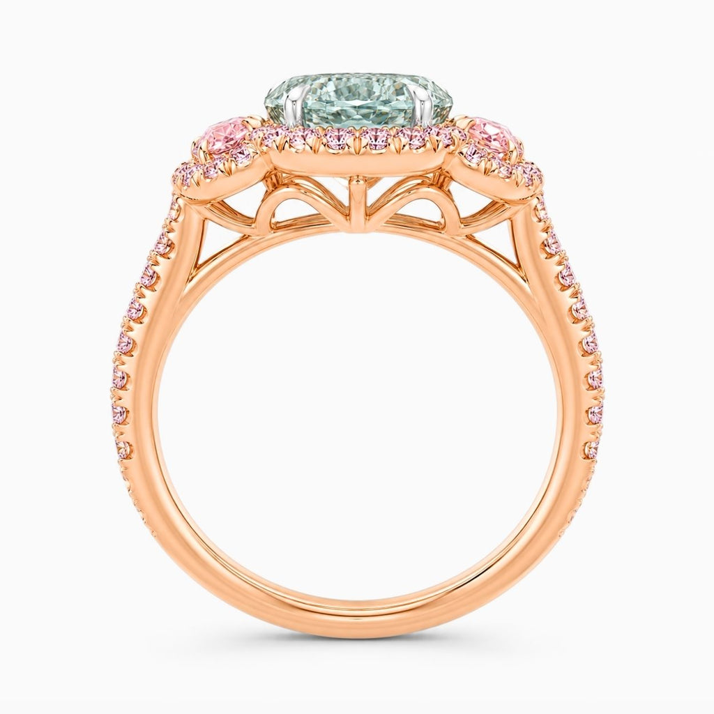18K Solid Gold Athena Fancy Green Oval Halo Trilogy Lab Diamond Ring