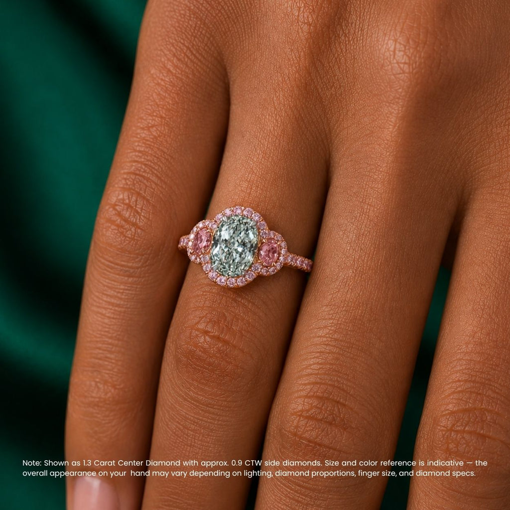 18K Solid Gold Athena Fancy Green Oval Halo Trilogy Lab Diamond Ring