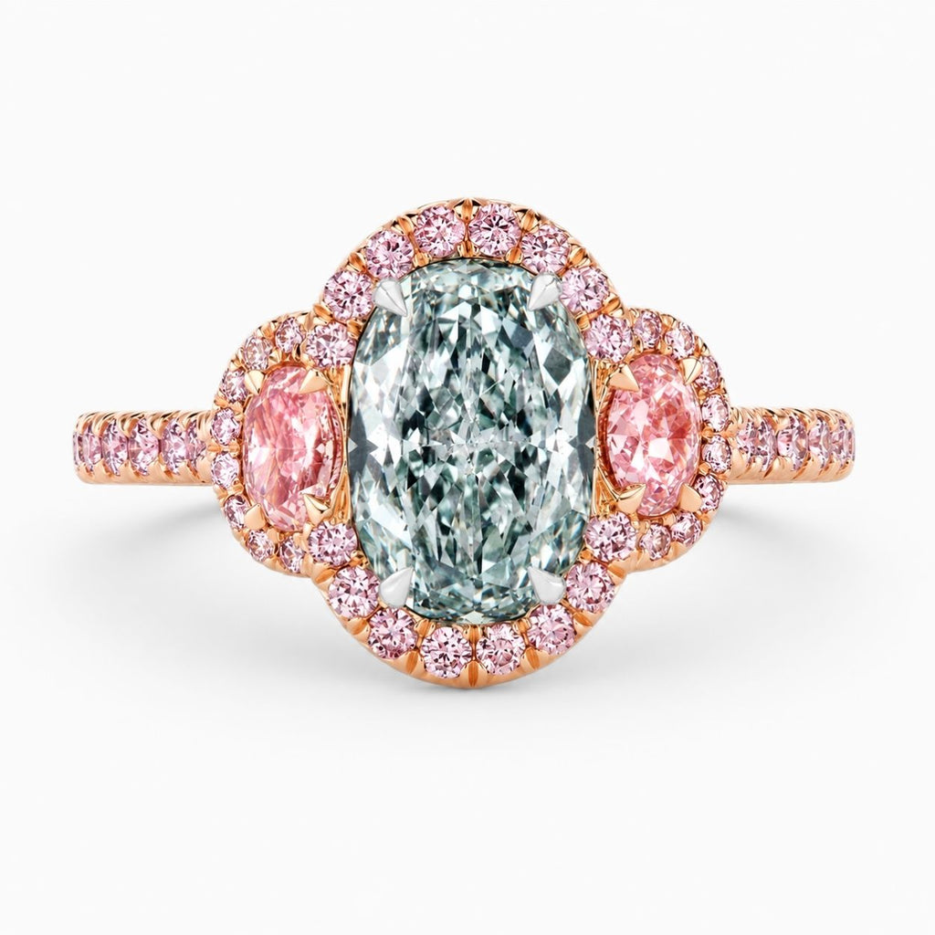 18K Solid Gold Athena Fancy Green Oval Halo Trilogy Lab Diamond Ring