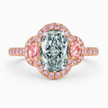 Athena Trilogy Halo Pave Accents (Pink Oval Side Diamonds) Fancy Green Oval Lab Diamond Ring in Rose Gold 18K