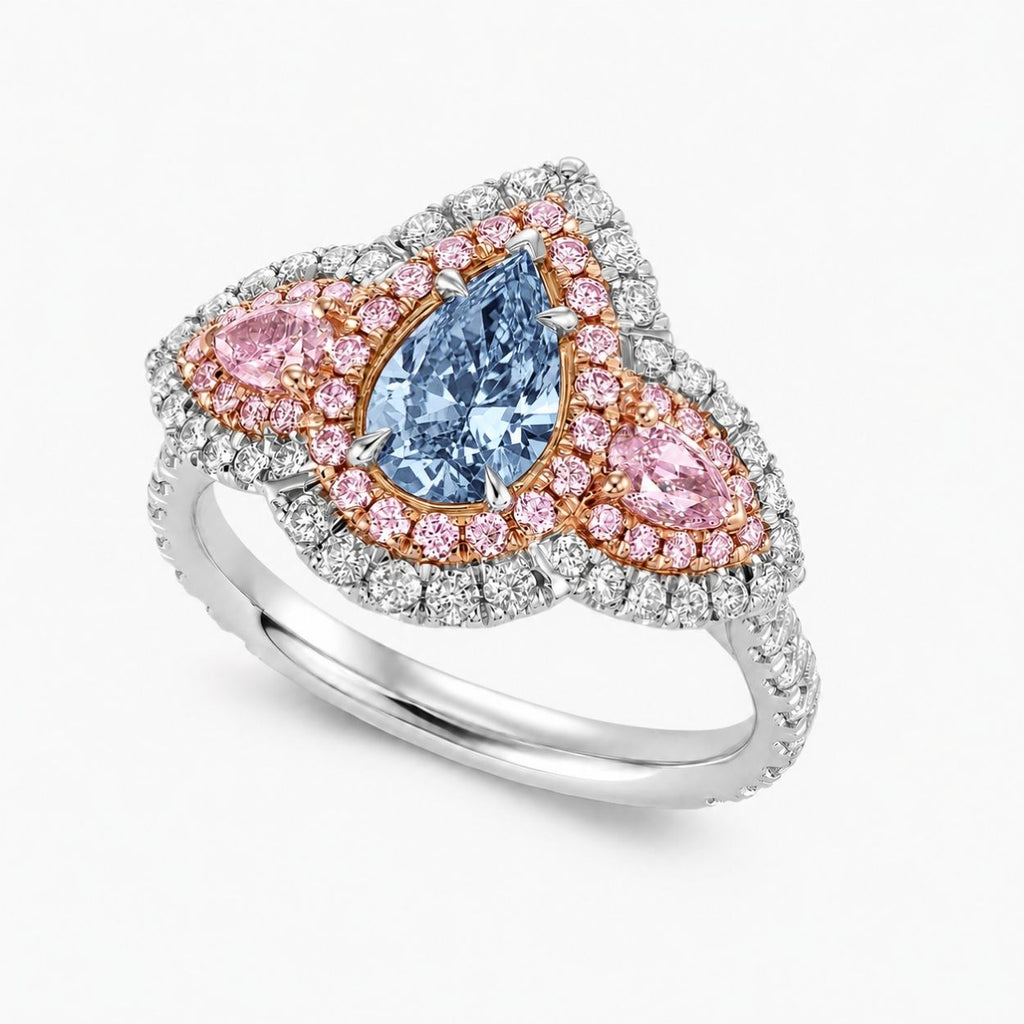 18K Solid Gold Michaela Fancy Blue Pear Halo Pavé Lab Diamond Ring