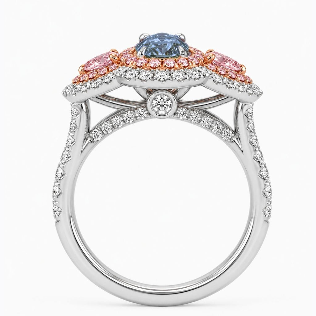 18K Solid Gold Michaela Fancy Blue Pear Halo Pavé Lab Diamond Ring