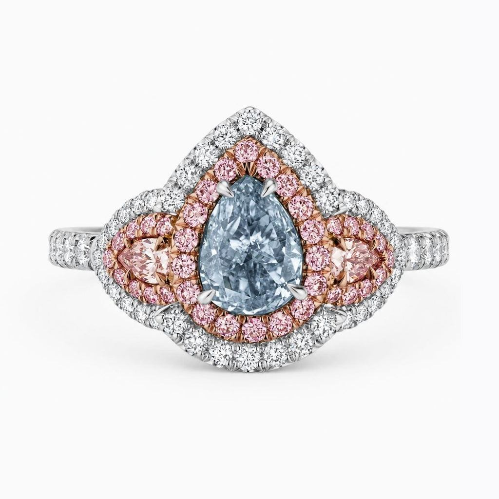 18K Solid Gold Michaela Fancy Blue Pear Halo Pavé Lab Diamond Ring