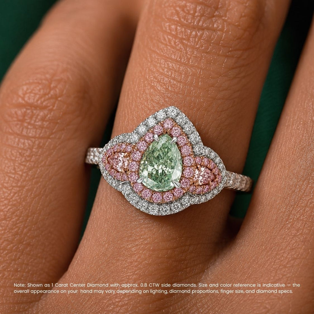 18K Solid Gold Michaela Fancy Green Pear Halo Pavé Lab Diamond Ring