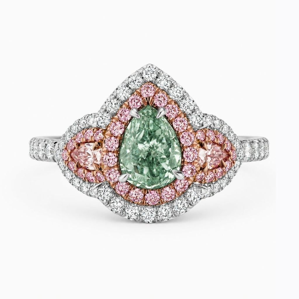 18K Solid Gold Michaela Fancy Green Pear Halo Pavé Lab Diamond Ring