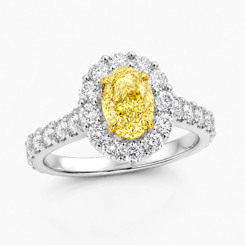 18K Solid Gold Fancy Yellow Oval Halo Engagement Ring