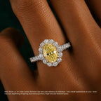 18K Solid Gold Fancy Yellow Oval Halo Engagement Ring