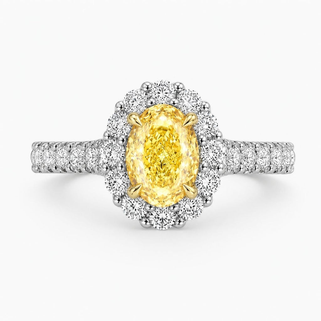 18K Solid Gold Fancy Yellow Oval Halo Engagement Ring