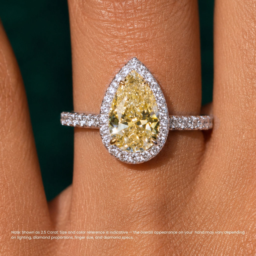 18K Solid Gold Fancy Yellow Pear Halo Pavé Lab Diamond Ring