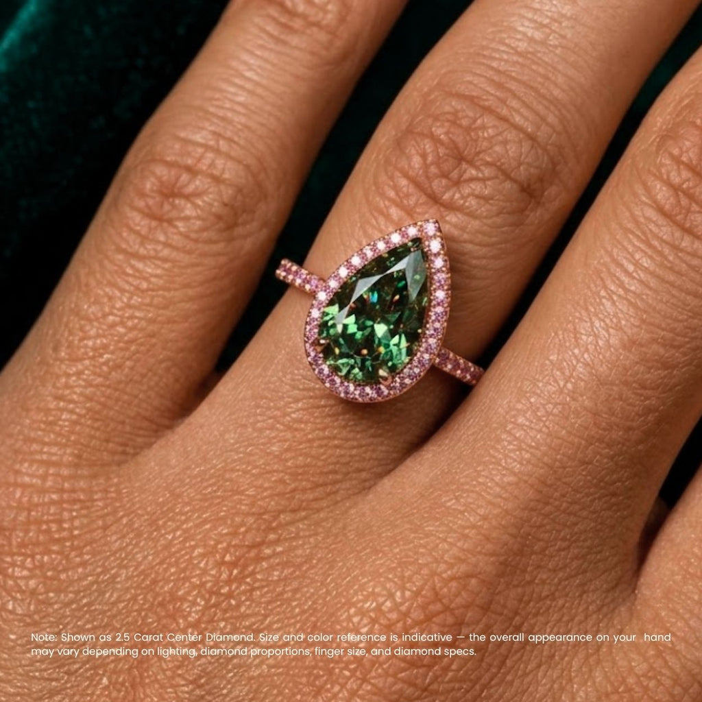 18K Solid Gold Fancy Green Pear Halo Pavé Lab Diamond Ring