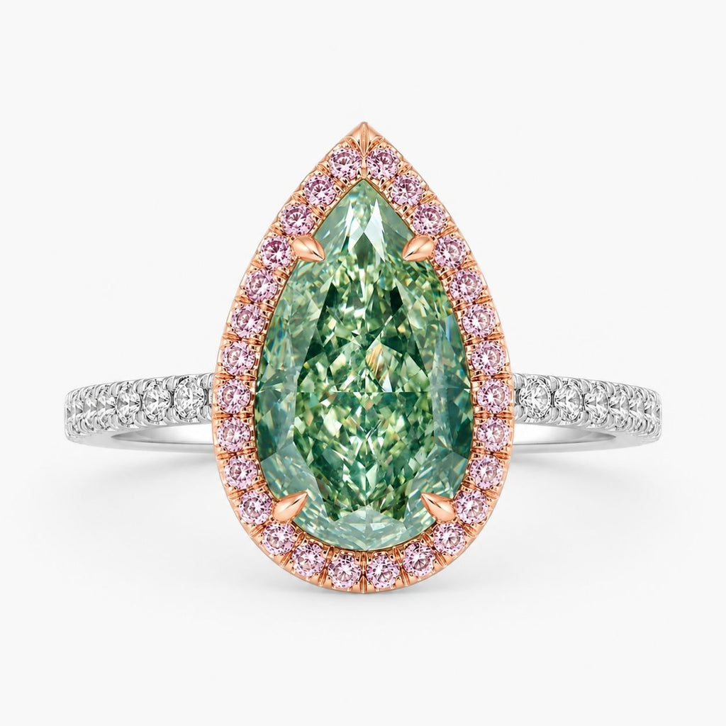 18K Solid Gold Fancy Green Pear Halo Pavé Lab Diamond Ring