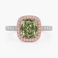 Halo Pave Fancy Green Cushion Lab Grown Diamond Ring in White Gold 18K