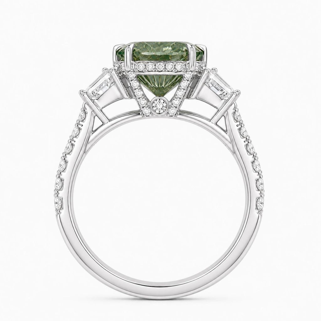 18K Solid Gold Green Oval Trilogy Lab Diamond Engagement Ring
