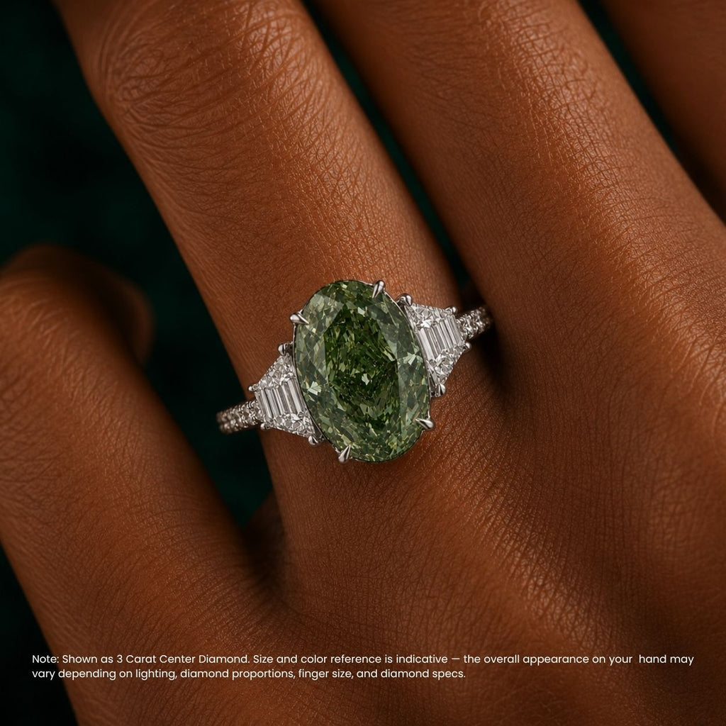 18K Solid Gold Green Oval Trilogy Lab Diamond Engagement Ring