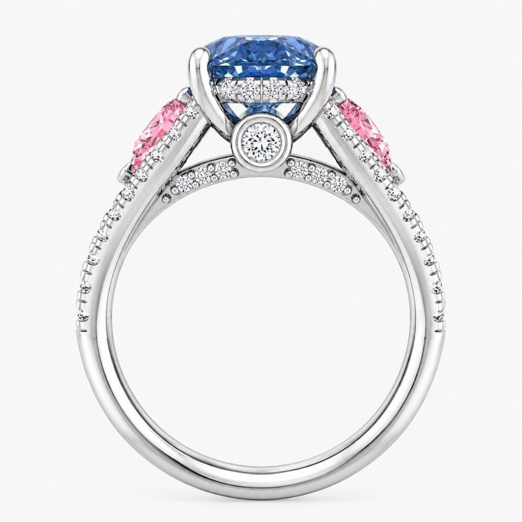 18K Solid Gold Anastasia Fancy Blue Oval Accent Lab Diamond Ring