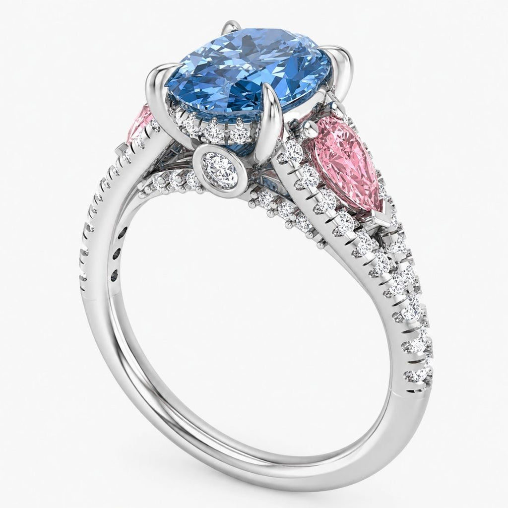 18K Solid Gold Anastasia Fancy Blue Oval Accent Lab Diamond Ring