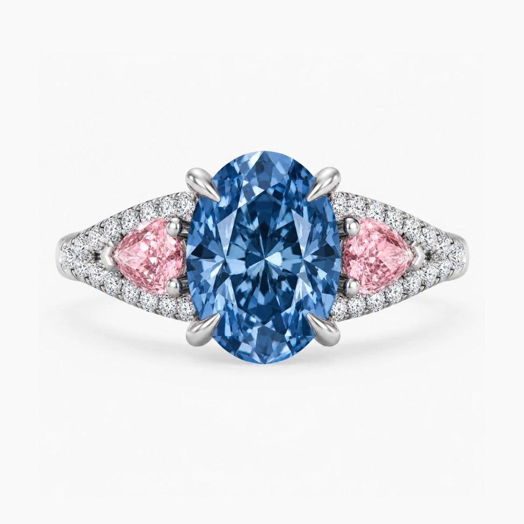 18K Solid Gold Anastasia Fancy Blue Oval Accent Lab Diamond Ring