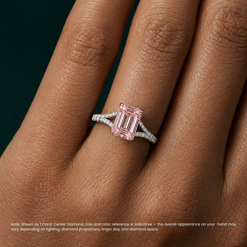 18K Solid Gold Split Pavé Fancy Pink Emerald Lab Diamond Ring