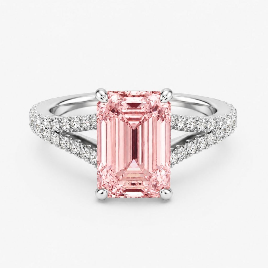 18K Solid Gold Split Pavé Fancy Pink Emerald Lab Diamond Ring