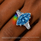 18K Solid Gold Fancy Blue Marquise Baguette Trilogy Lab Diamond Ring