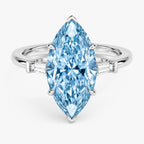 18K Solid Gold Fancy Blue Marquise Baguette Trilogy Lab Diamond Ring