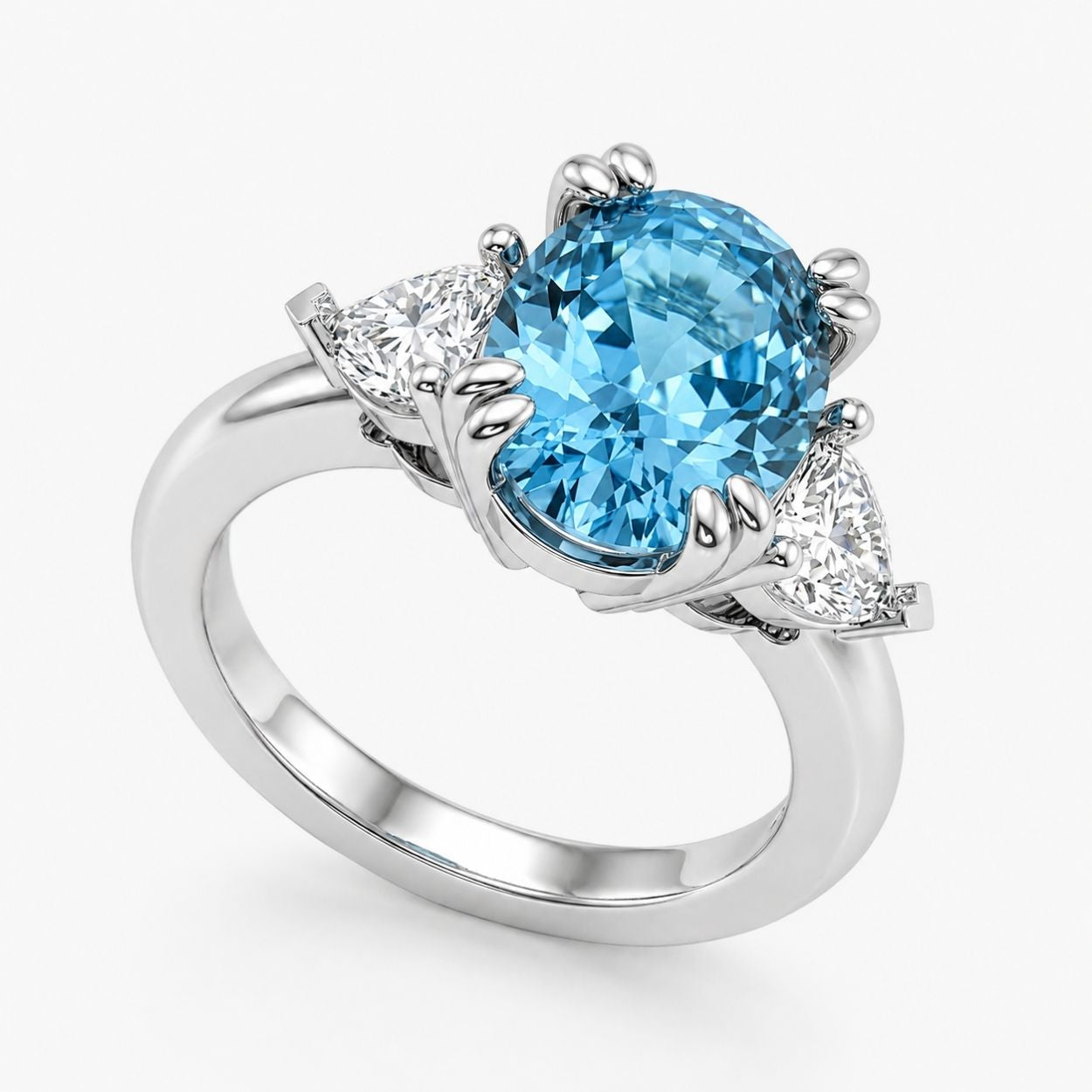 Trilogy Fancy Colored (Green, Blue, Pink, Yellow) Lab Diamond Ring (Heart Side Diamonds) in White Gold 18K - Oval