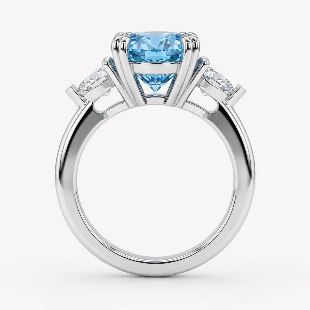 Trilogy Fancy Colored (Pink, Yellow, Green, Blue ) Lab Diamond Ring (Heart Side Diamonds) in White Gold 18K - Oval