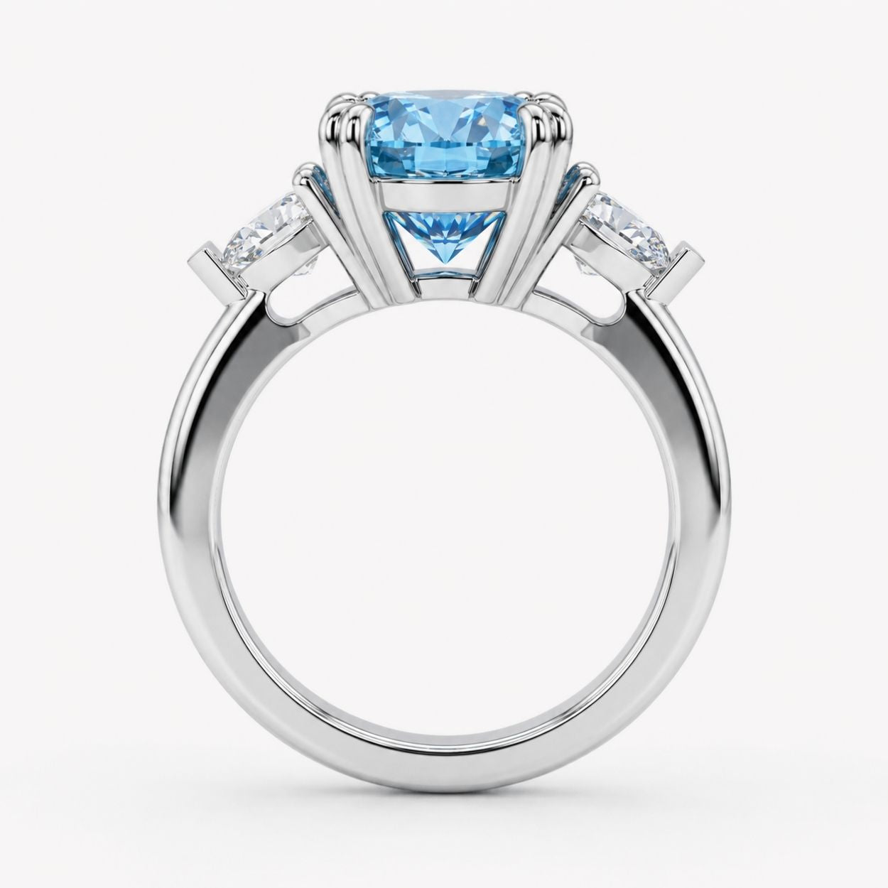 Trilogy Fancy Colored (Yellow, Pink, Green, Blue ) Lab Diamond Ring (Heart Side Diamonds) in White Gold 18K - Oval