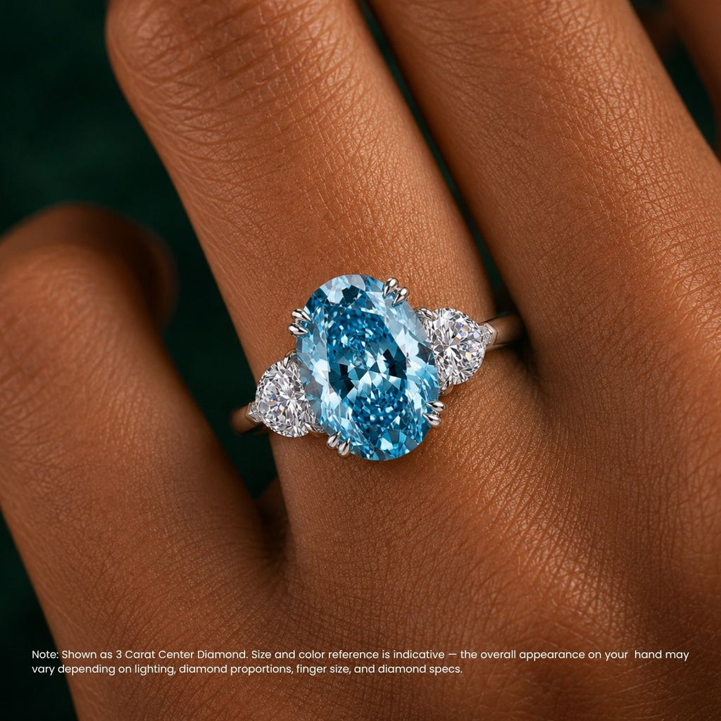 Trilogy Fancy Colored (Pink, Yellow, Green, Blue ) Lab Diamond Ring (Heart Side Diamonds) in White Gold 18K - Oval