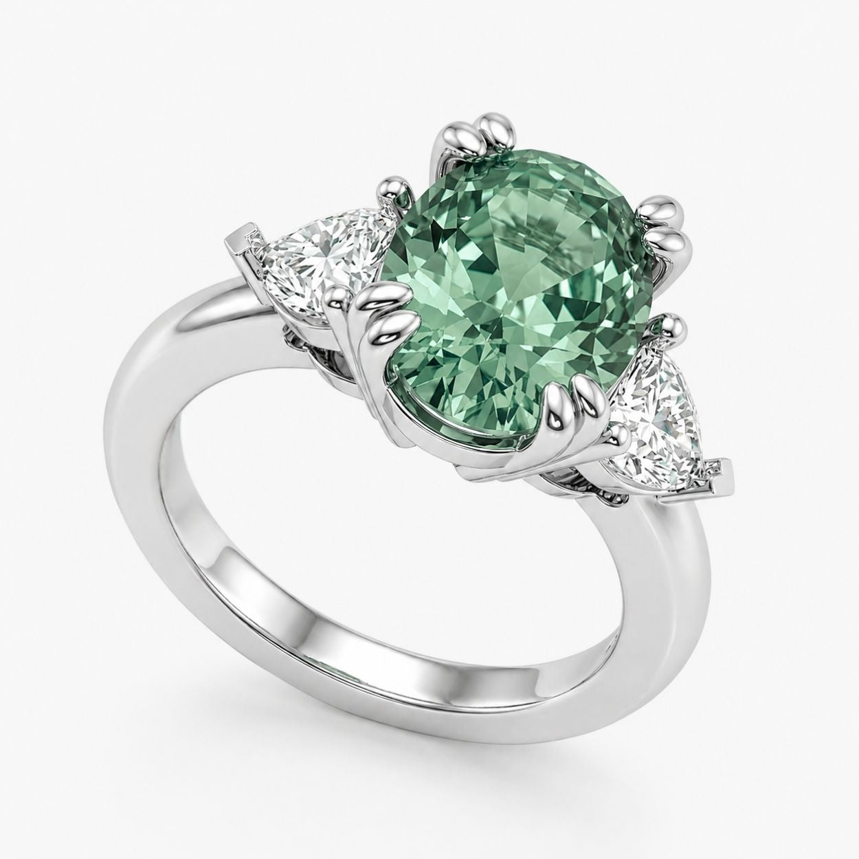Trilogy Fancy Colored (Green, Blue, Pink, Yellow) Lab Diamond Ring (Heart Side Diamonds) in White Gold 18K - Oval