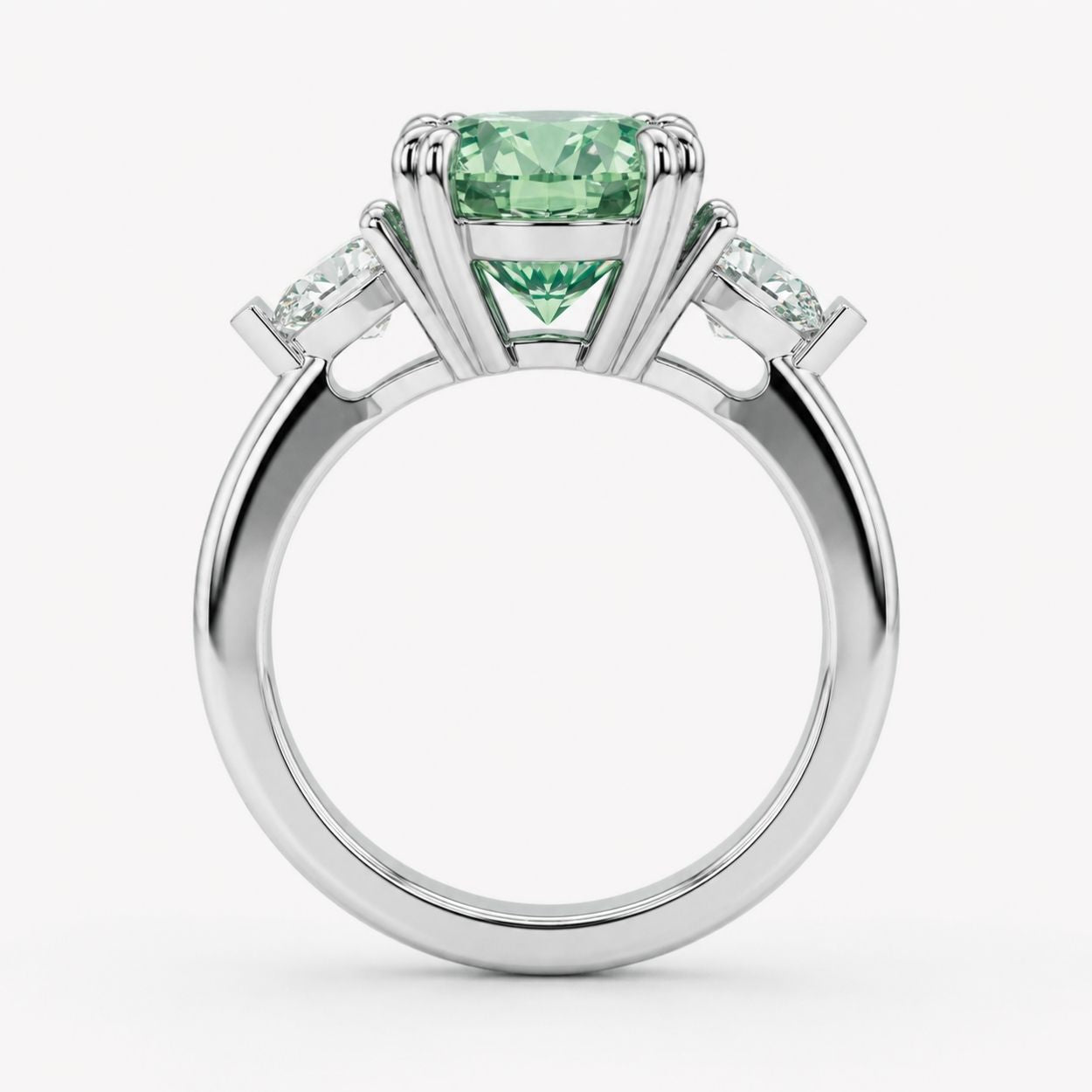 Trilogy Fancy Colored (Blue, Green, Pink, Yellow) Lab Diamond Ring (Heart Side Diamonds) in White Gold 18K - Oval