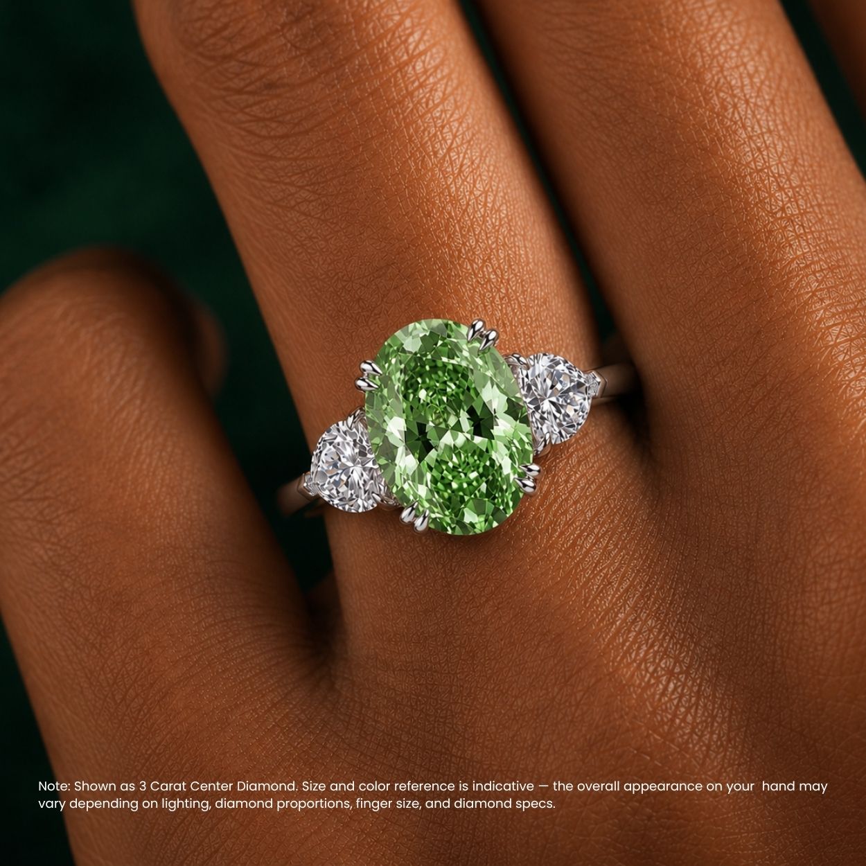 Trilogy Fancy Colored (Blue, Green, Pink, Yellow) Lab Diamond Ring (Heart Side Diamonds) in White Gold 18K - Oval