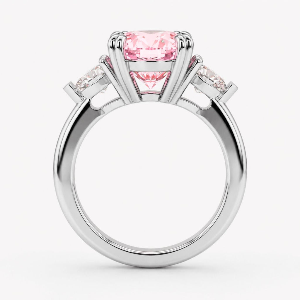 Trilogy Fancy Colored (Pink, Yellow, Green, Blue ) Lab Diamond Ring (Heart Side Diamonds) in White Gold 18K - Oval