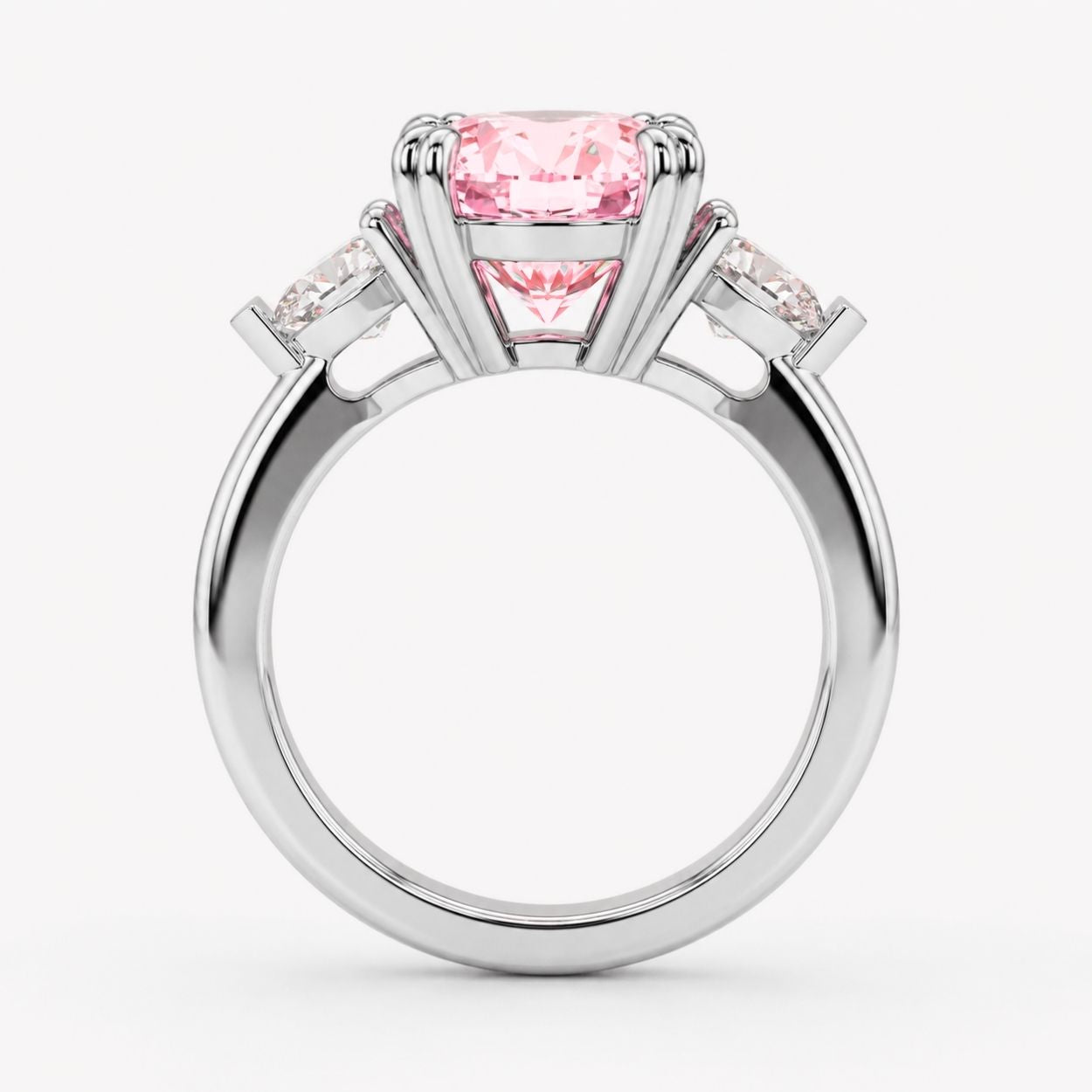 Trilogy Fancy Colored (Green, Blue, Pink, Yellow) Lab Diamond Ring (Heart Side Diamonds) in White Gold 18K - Oval