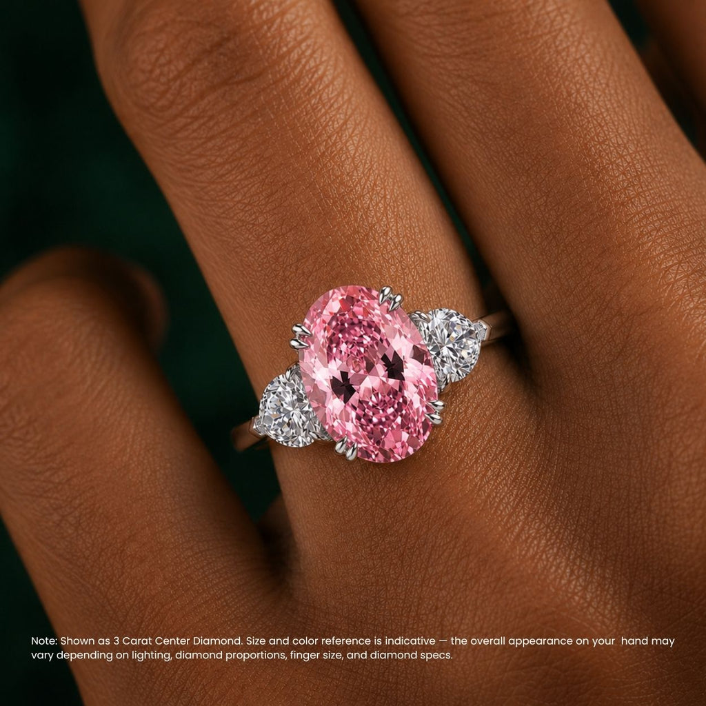 Trilogy Fancy Colored (Pink, Yellow, Green, Blue ) Lab Diamond Ring (Heart Side Diamonds) in White Gold 18K - Oval