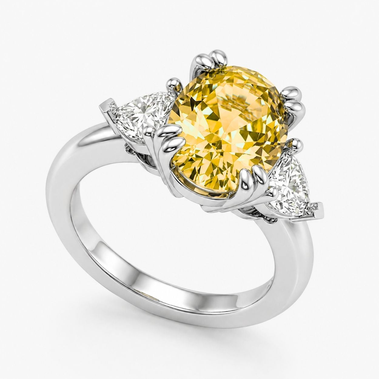 Trilogy Fancy Colored (Blue, Green, Pink, Yellow) Lab Diamond Ring (Heart Side Diamonds) in White Gold 18K - Oval
