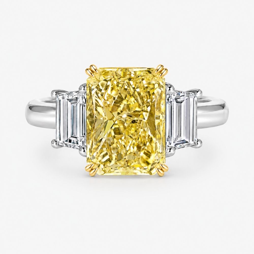 Trilogy (Trapezoid Side Diamonds) Fancy Yellow Radiant Lab Grown Diamond Ring in White Gold 18K