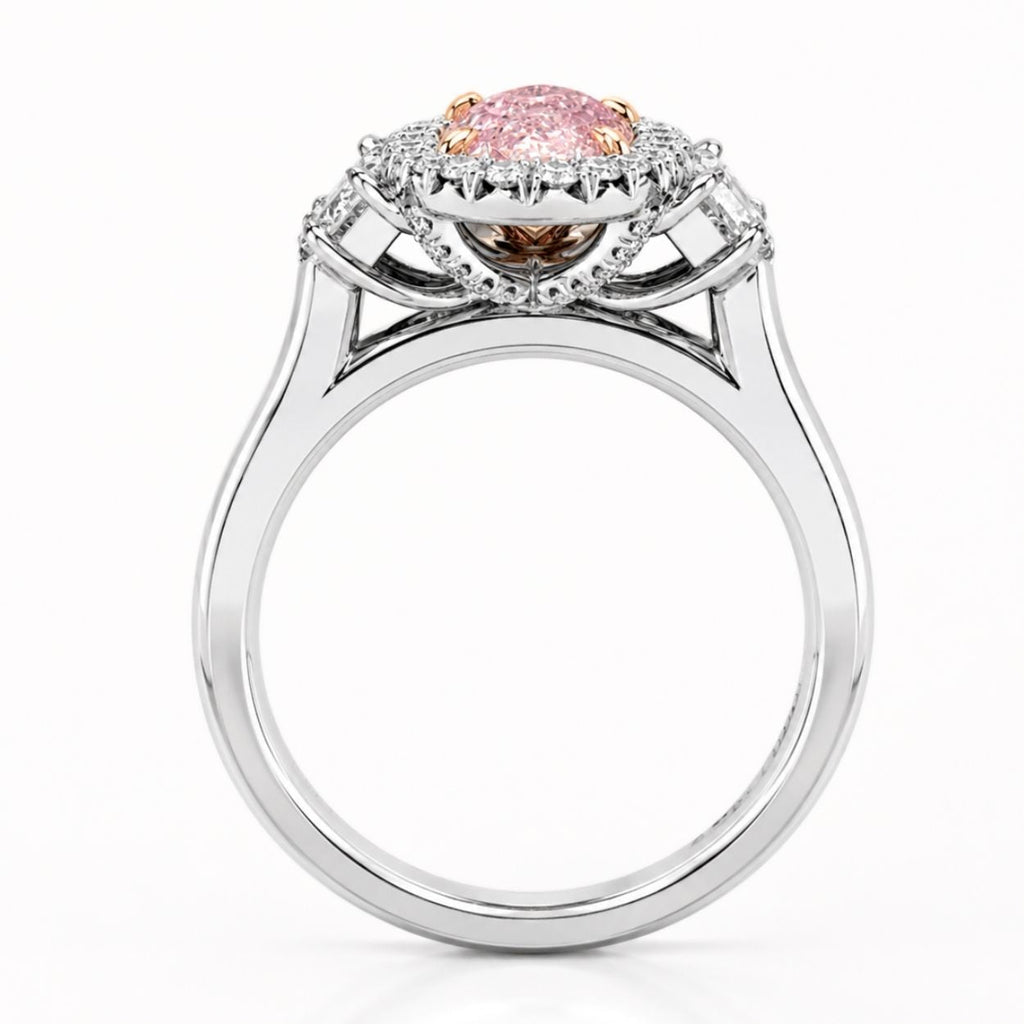 18K Solid Gold Rhea Fancy Pink Oval Trilogy Lab Diamond Ring