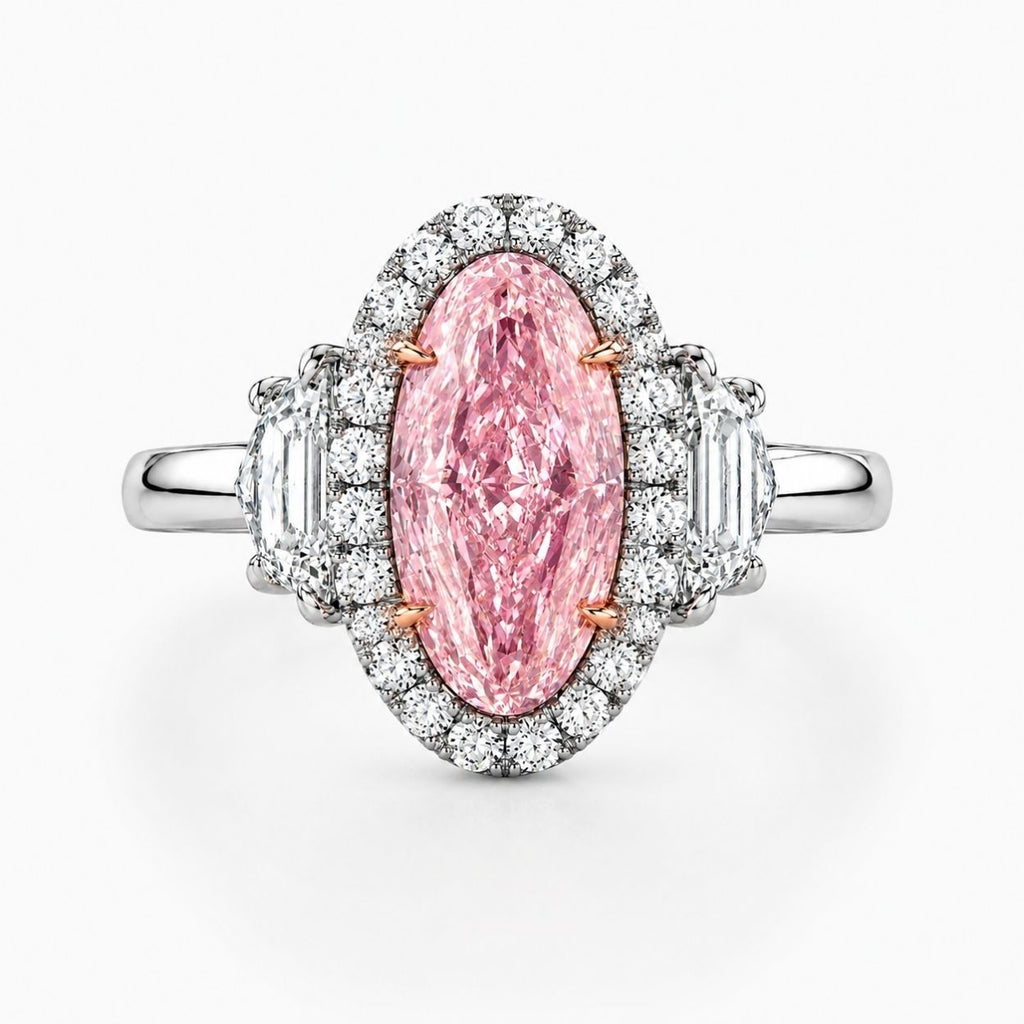 18K Solid Gold Rhea Fancy Pink Oval Trilogy Lab Diamond Ring