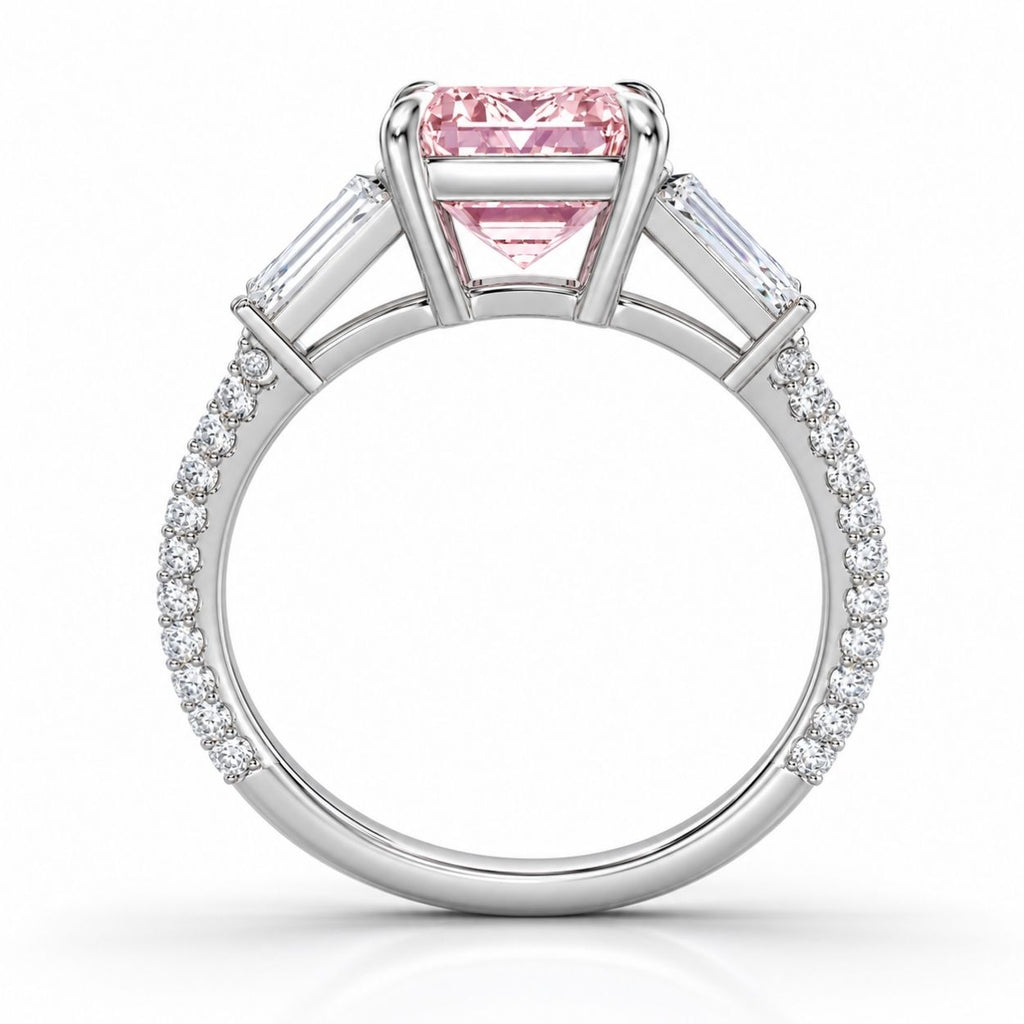 18K Solid Gold Phoebe Fancy Pink Emerald Trilogy Lab Diamond Ring