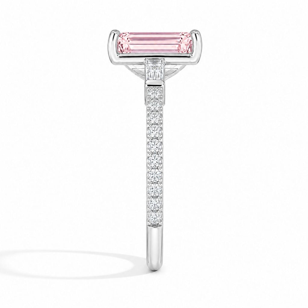 18K Solid Gold Phoebe Fancy Pink Emerald Trilogy Lab Diamond Ring