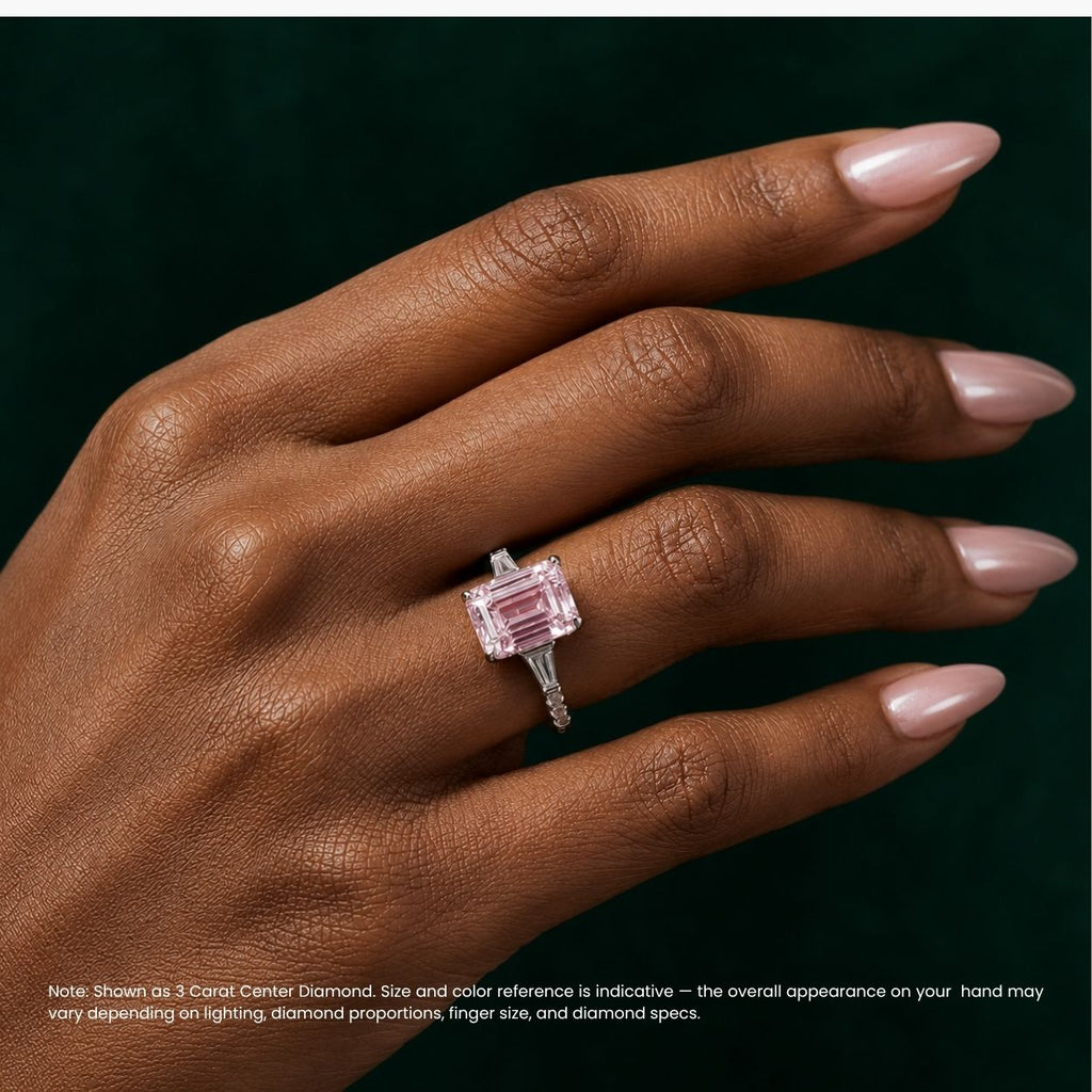 18K Solid Gold Phoebe Fancy Pink Emerald Trilogy Lab Diamond Ring