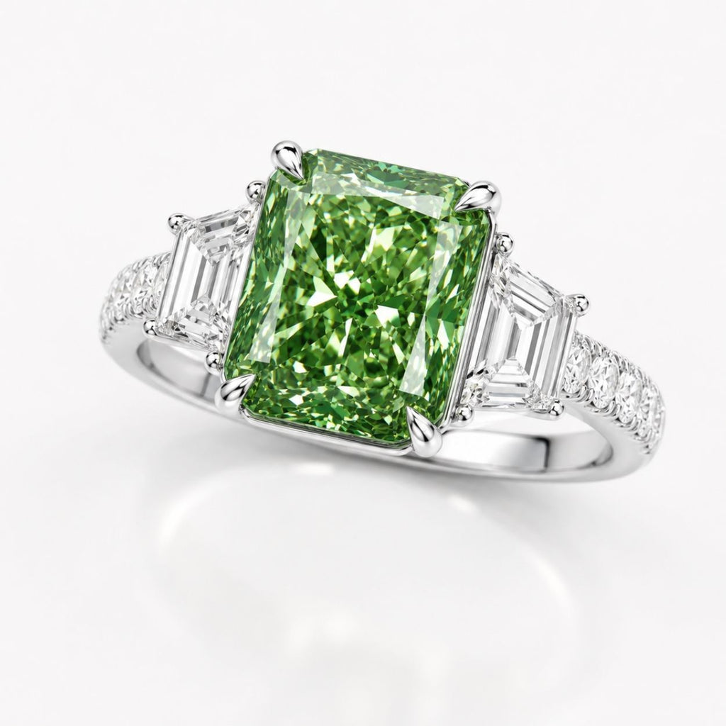 18K Solid Gold Lorina Fancy Green Radiant Trilogy Lab Diamond Ring