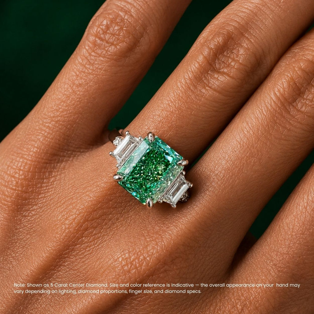 18K Solid Gold Lorina Fancy Green Radiant Trilogy Lab Diamond Ring