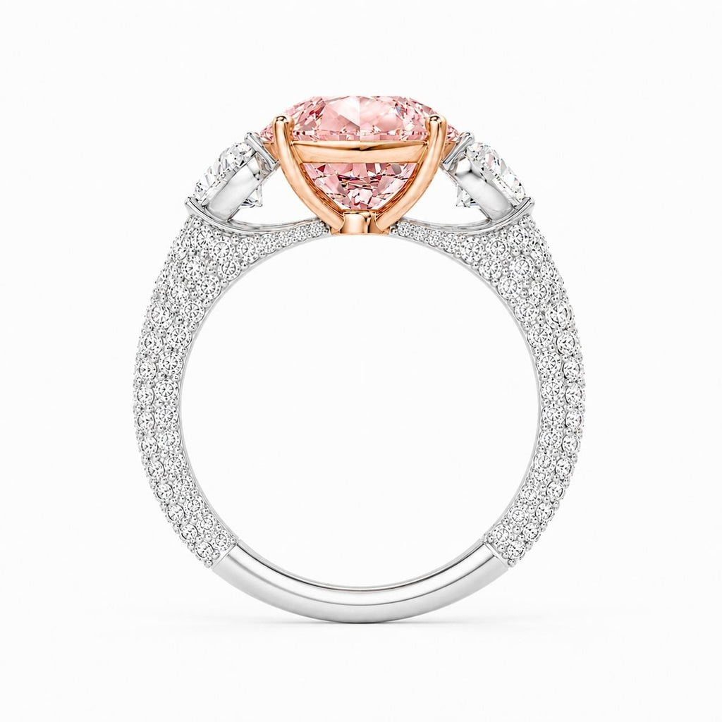 18K Solid Gold Agness Fancy Pink Pear Trilogy Lab Diamond Ring