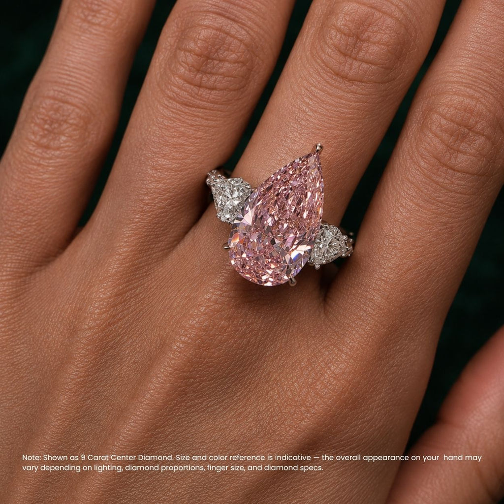 18K Solid Gold Agness Fancy Pink Pear Trilogy Lab Diamond Ring