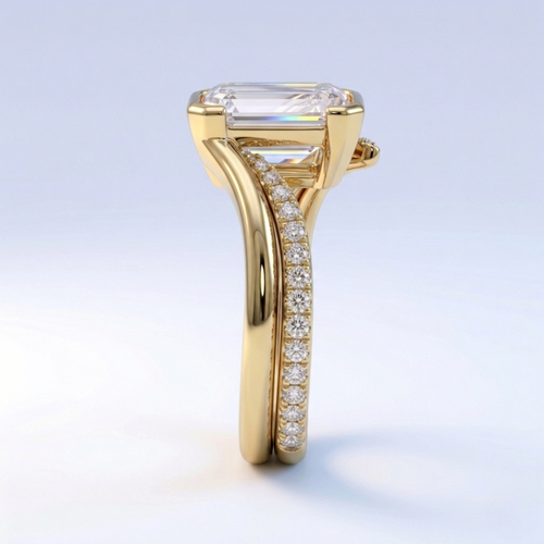 Curved Lab Diamond Engagement Ring Set (2 Rings) in 18K Gold - Emerald