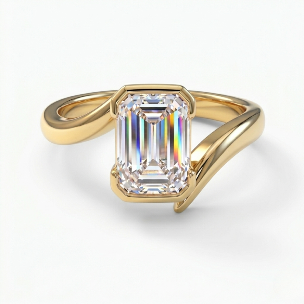 Curved Lab Diamond Engagement Ring Set (2 Rings) in 18K Gold - Emerald