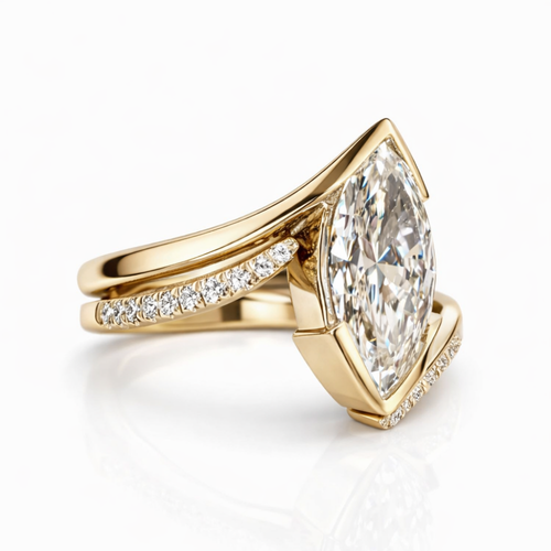 Curved Lab Diamond Engagement Ring Set (2 Rings) in 18K Gold - Marquise