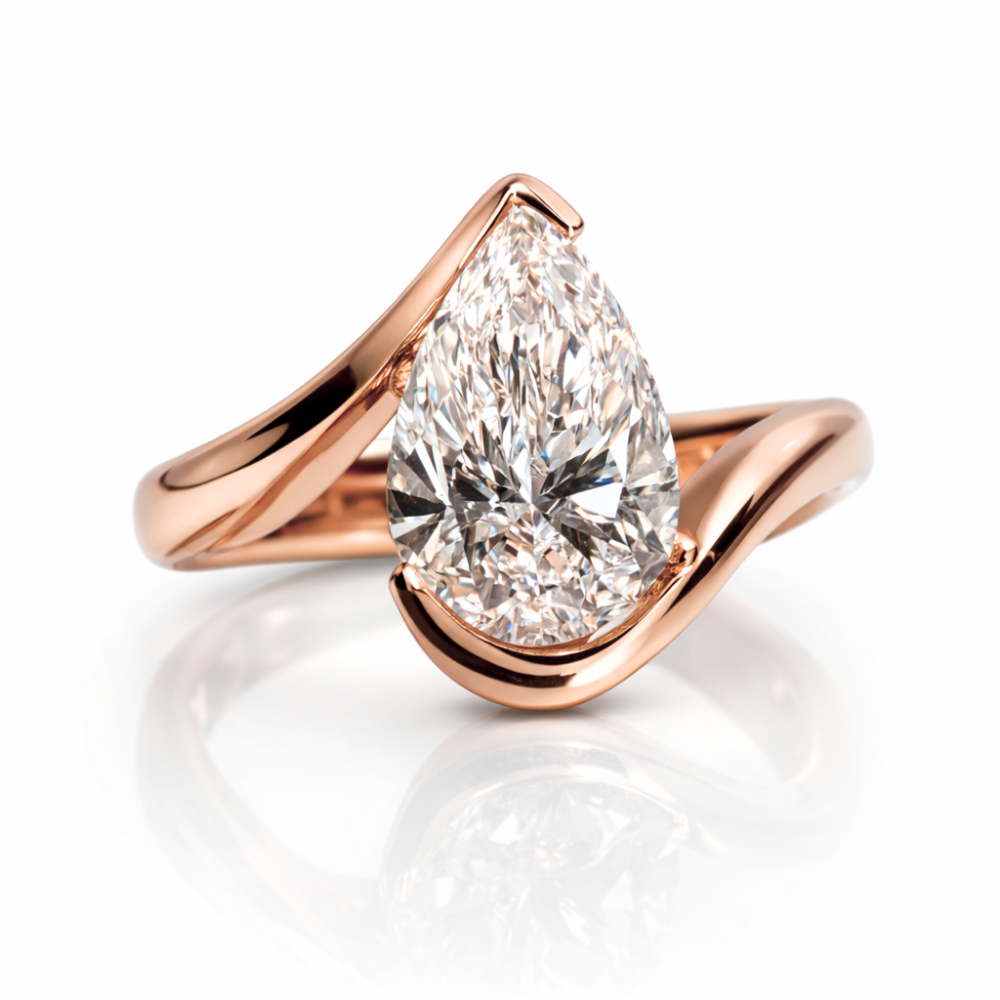 18K Solid Gold Pear Curved Solitaire Ring Set